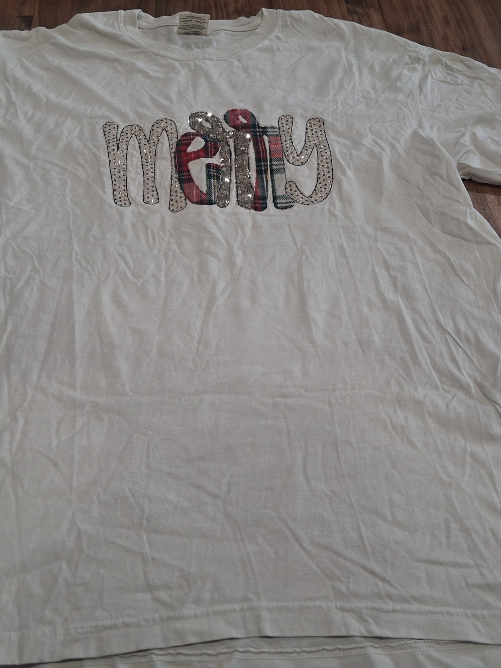 Women's Comfort Colors White Tee with 'Merry' Plaid & Sequin Accents, Size XL